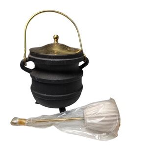 Vtg Cast Iron & Brass Cauldron Pot with Tool & Top Smudge Witchycore Whimsigoth